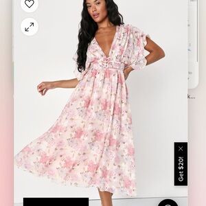 Eclectic Elegance Blush Floral Jacquard Lace-Up Midi Dress